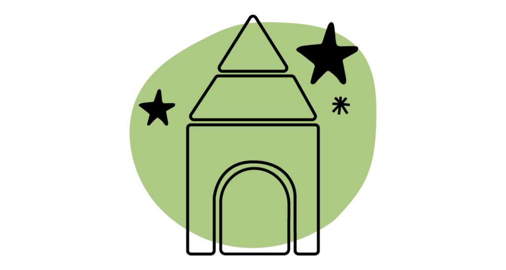 A vector illustration of a building block tower surrounded by black stars against a green roundel