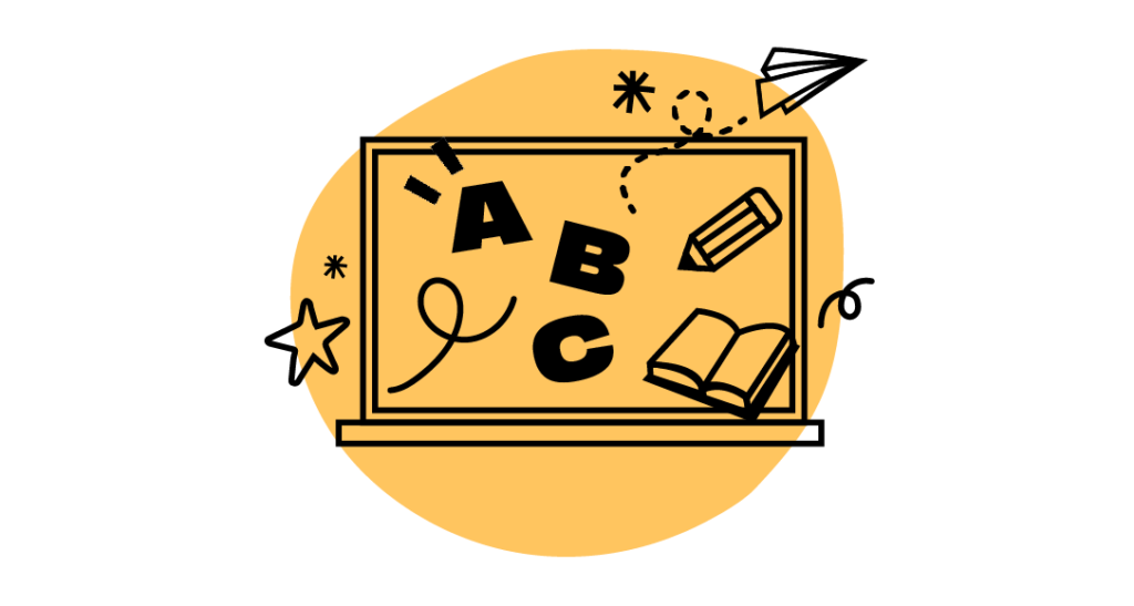 A vector illustration of a whiteboard with the letters ABC and various classroom elements