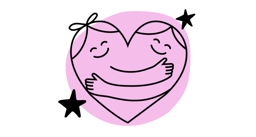 Pink roundel with a heart line vector illustration with two smiling faces hugging