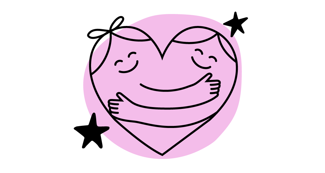 Pink roundel with a heart line vector illustration with two smiling faces hugging